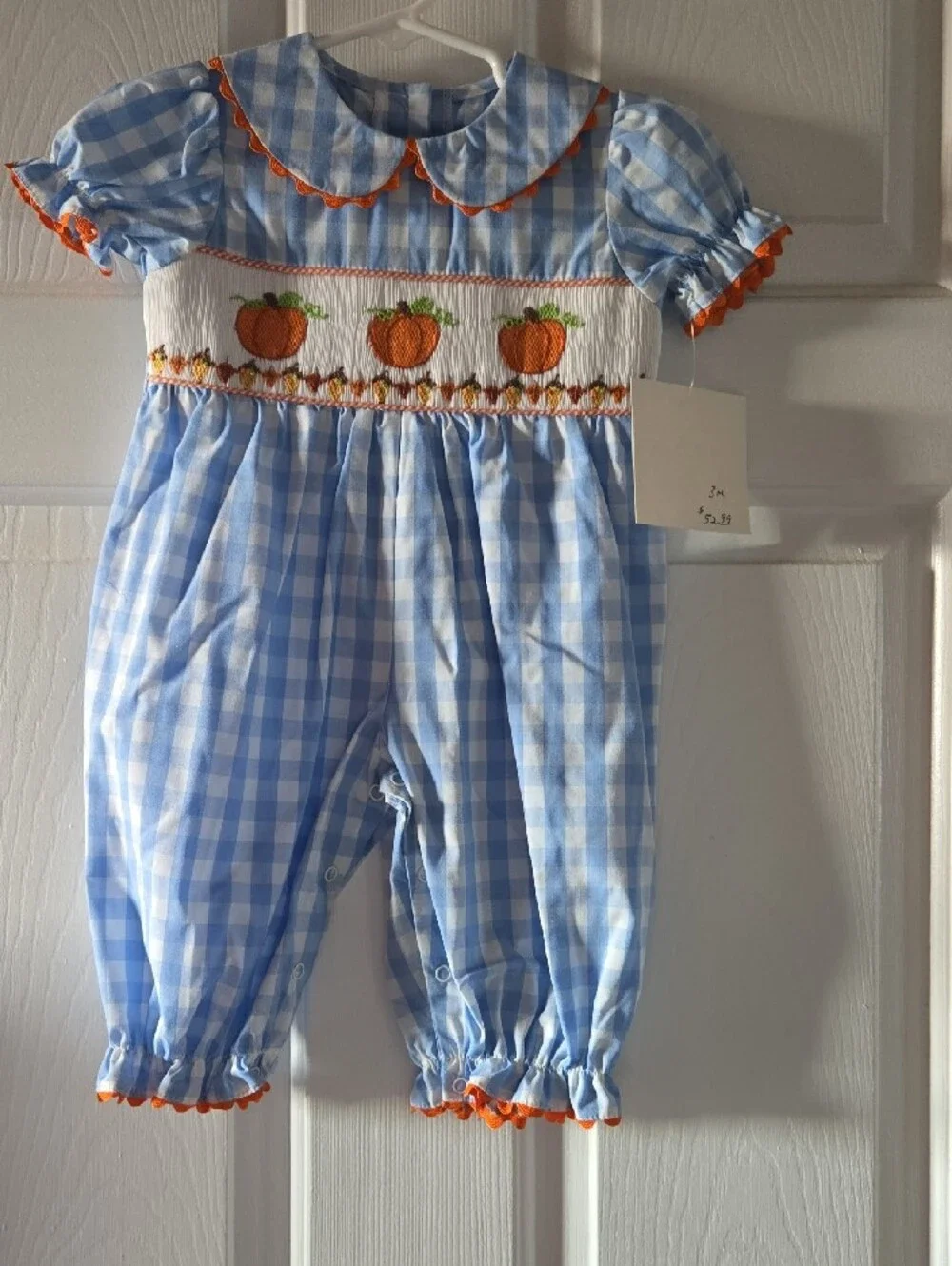 Three Sisters Light Blue Gingham Pumpkin Embroidered Baby One-Piece